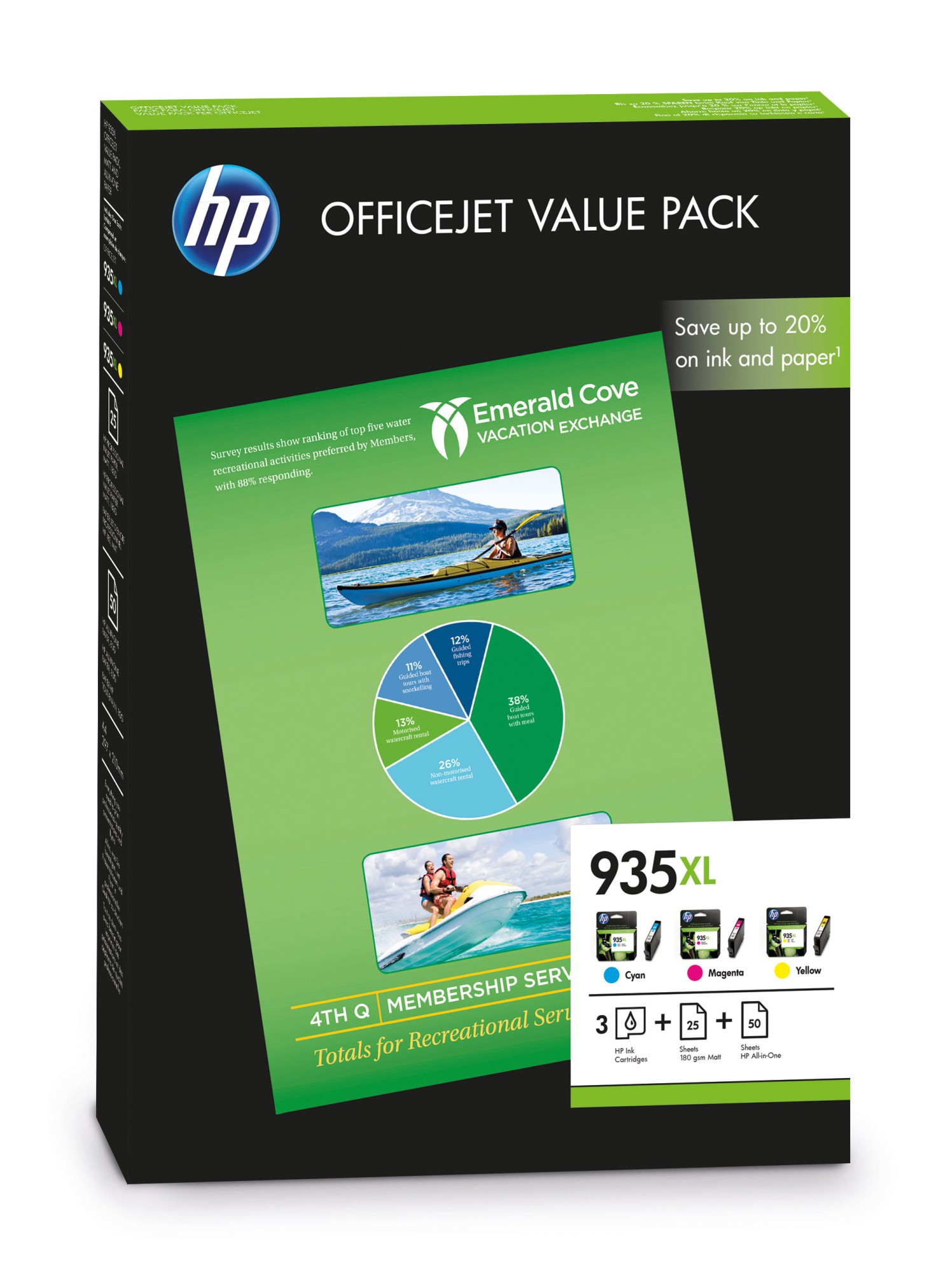 HP 935XL [F6U78A] HC ValuePack (C2P24A+C2P25A+C2P26A) cyan+magenta+yellow Tinte + 50 Blatt AIO-Papier + 25 Blatt 180g/m² matte Fotopapier