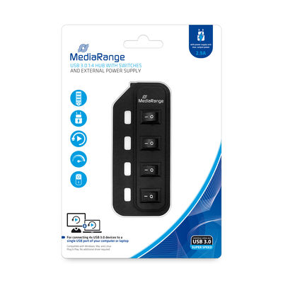 MediaRange [MRCS505] USB 3.0 Verteiler 1:4 mit separaten Schaltern und Netzteil