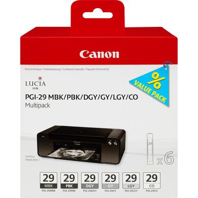Canon PGI-29MBK+PBK+DGY+GY+LGY+CO [4868B018] MultiPack (4868B001+4869B001+4870B001+4871B001+4872B001+4879B001) matte-black+photo-black+dark-grey+grey+light-grey+Chroma-Optimizer Tinte