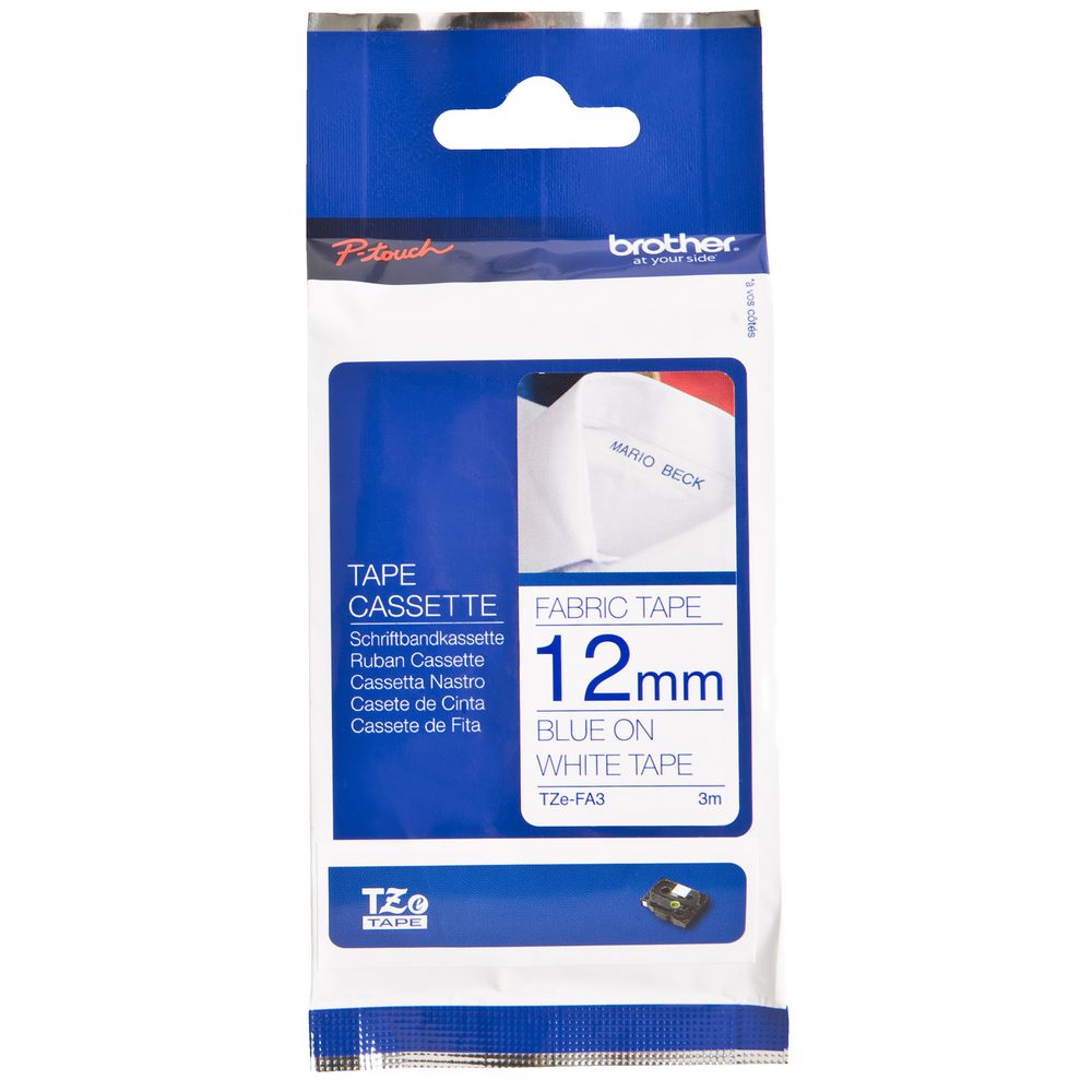 Brother [TZE-FA3] 12mm blau/weiß Textil-Aufbügelband