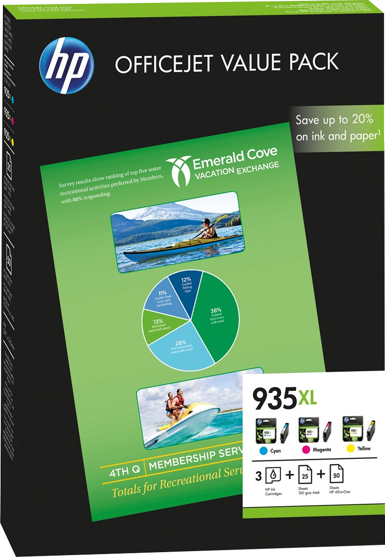 HP 935XL [F6U78A] HC ValuePack (C2P24A+C2P25A+C2P26A) cyan+magenta+yellow Tinte + 50 Blatt AIO-Papier + 25 Blatt 180g/m² matte Fotopapier