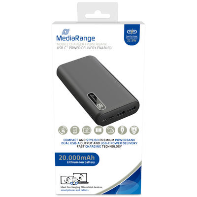MediaRange [MR756] Powerbank 20.000mAh mit LCD-Batterieanzeige 2x USB-A und 1x