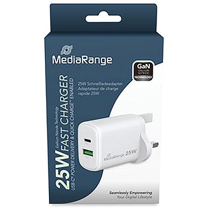MediaRange [MRMA112] 25W Schnellladeadapter (EU-Stecker) 1x USB-C und 1x USB-A weiß