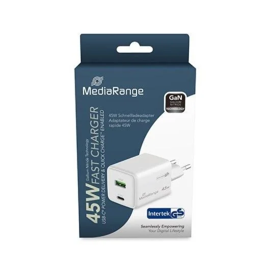 MediaRange [MRMA113] 45W Schnellladeadapter (EU-Stecker) 1x USB-C und 1x USB-A weiß
