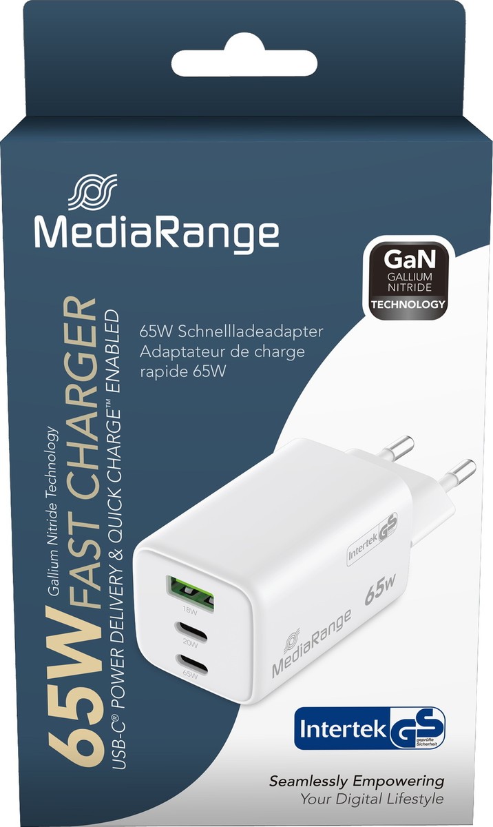 MediaRange [MRMA116] 65W GaN Schnellladeadapter (EU-Stecker) 2x USB-C und 1x USB-A